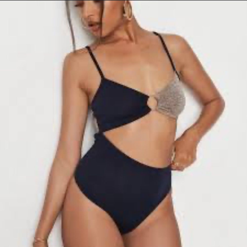 NWT Missguided Blue & Tan Cut Out Bodysuit Women’s Sz 4